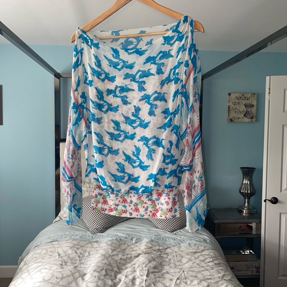 Diane von Furstenberg Silk Tank Top Blue Bird Print Long Sleeve Sheer Buttons 8